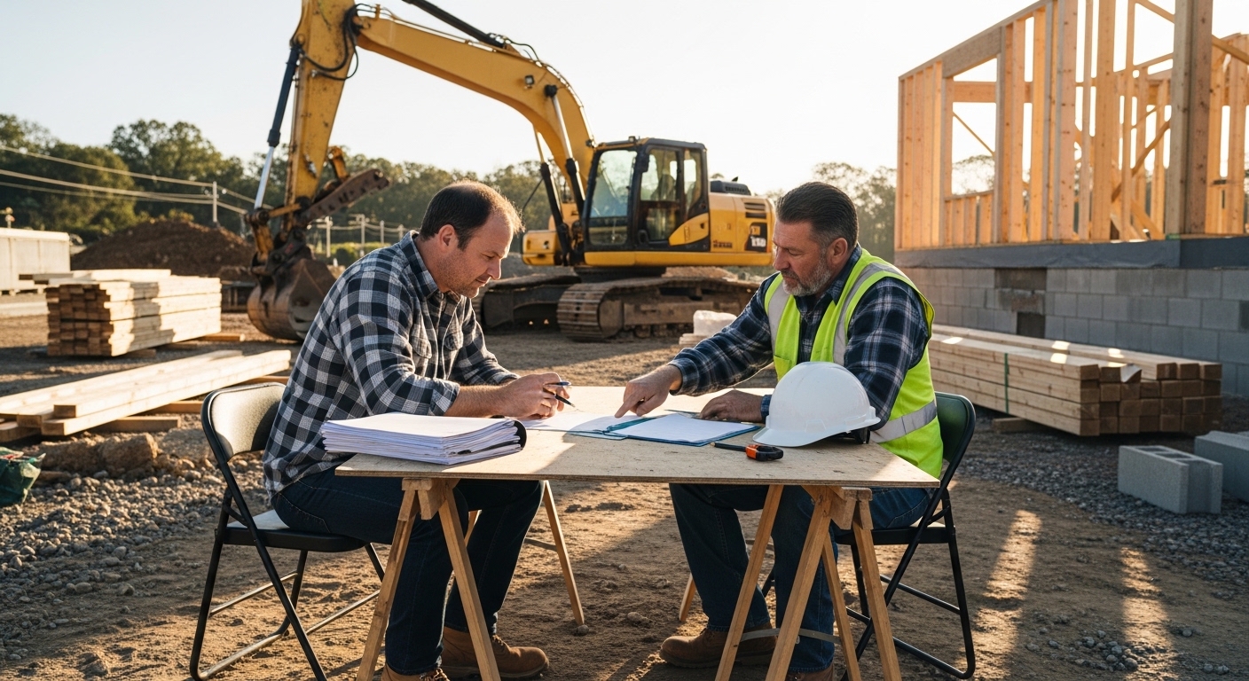 Homeowner reviewing contract papers with contractor